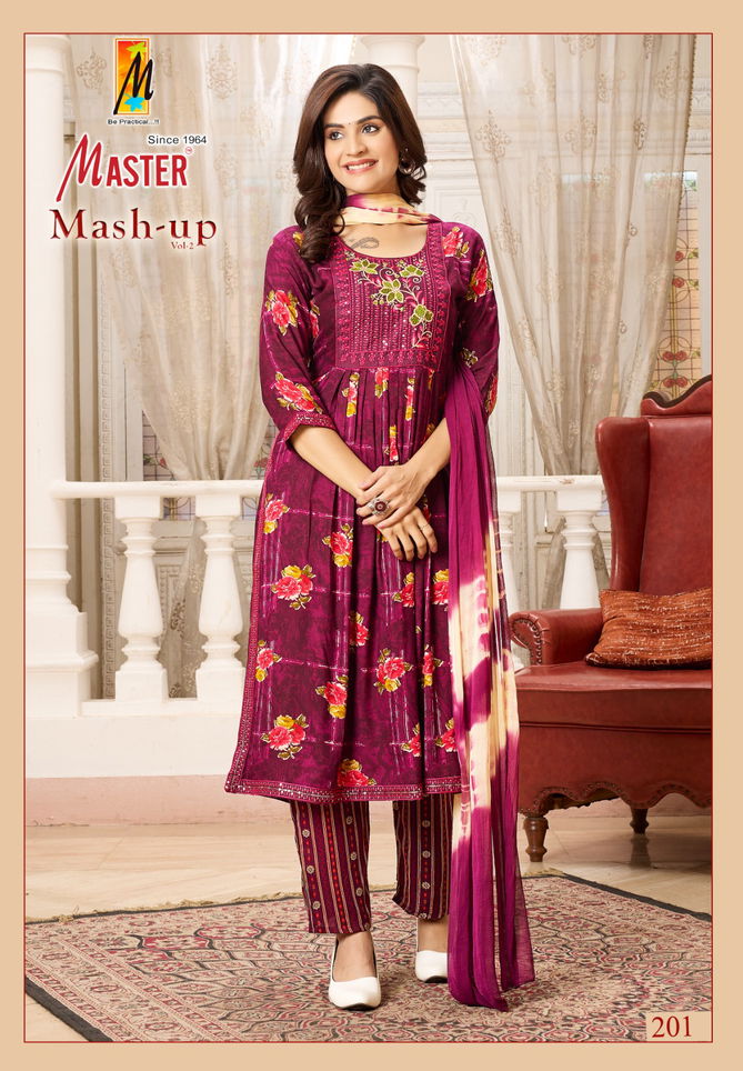 Mash Up Vol 2 By Master Naira Cut Rayon Printed Kurti With Bottom Dupatta Wholesale Online
